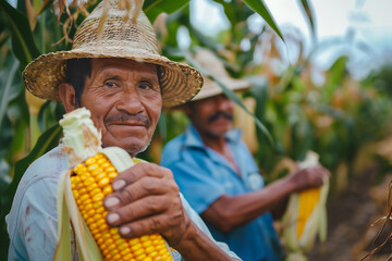 Farmers expertly harvest ripe corn in sun-drenched fields, showcasing agricultural abundance and hard work