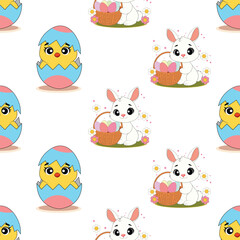 Easter seamless pattern with bunnies and chickens