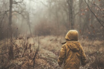Child exploring misty forest in autumn