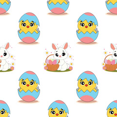 Easter seamless pattern with bunnies and chickens