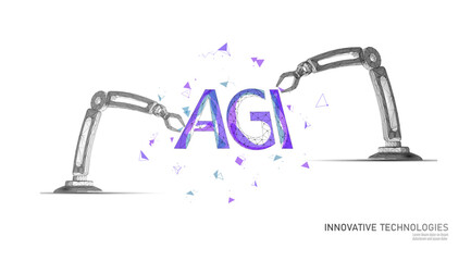 Artificial general intelligence robotic arms low poly letter symbols. Minimalist style AGI icon. Machine learning concept technology AI brain vector illustration