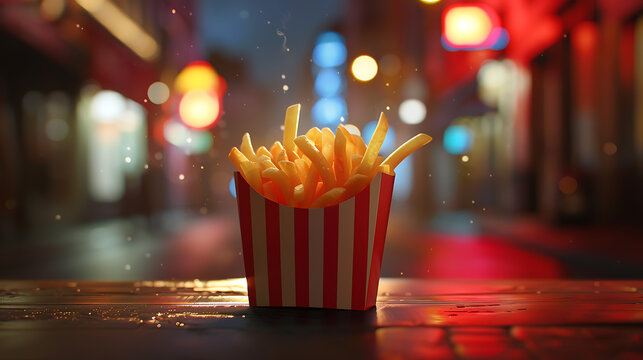 Fast food concept. French fries in box on the street at night