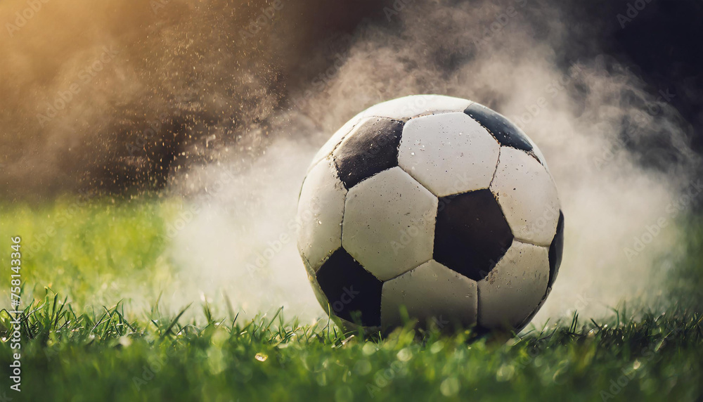 Wall mural soccer ball with dust and smoke on green grass. football field. blurred dark background - Wall murals