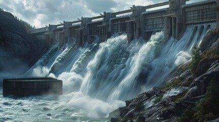 a majestic hydroelectric dam towering against the backdrop of cascading water, highlighting its capacity to harness the energy of fast-flowing streams for clean power generation.