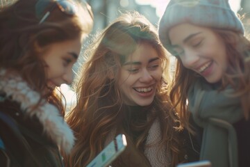 A group of young people look at a smartphone and smile against the backdrop of bright city lights, social media concept - obrazy, fototapety, plakaty