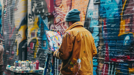 Obraz premium A focused street artist in a vintage coat creating a stunning mural on a city wall, surrounded by a palette and cans