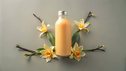 Natural Vanilla Milk in a Bottle with Vanilla Orchid Flowers
