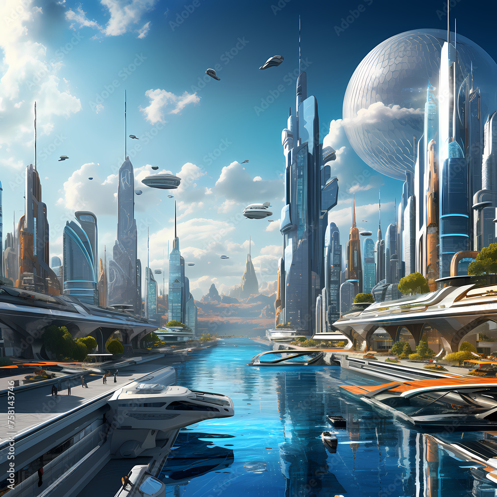 Wall mural A futuristic cityscape with floating buildings.