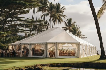 Wedding tent for a summer wedding celebration outdoors in a tropical country, a tent among palm trees