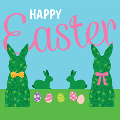 Decoration Rabbit shape topiary illustration Happy Easter greeting card