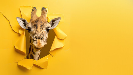 A curious giraffe's head emerges through a torn yellow background, creating a striking and playful image that invites interpretation - obrazy, fototapety, plakaty