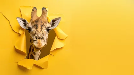Fotobehang A curious giraffe's head emerges through a torn yellow background, creating a striking and playful image that invites interpretation © Fxquadro