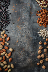 Top view of nuts and beans with copy space for text. Food background. Generative AI.