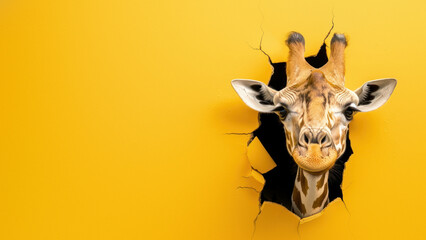 A lively and humorous image of a giraffe bursting through a bright yellow paper background