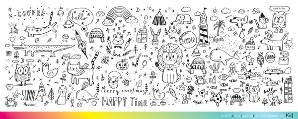 Fototapeta na wymiar Vector illustration of Doodle cute for kid, Hand drawn set of cute doodles for decoration,Funny Doodle Hand Drawn, Summer, Doodle set of objects from a child's life,Cute animal