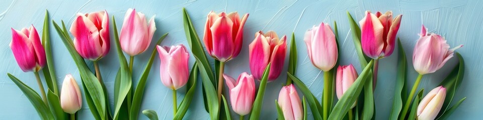 Bouquet of pink tulips on pastel blue background, banner. Greeting card for Mother's Day, Woman's Day, Easter, Valentine's Day, Wedding, and Birthday celebration.