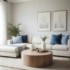 Round coffee table against white-sofa-with-blue-pillows Farmhouse--country home interior design