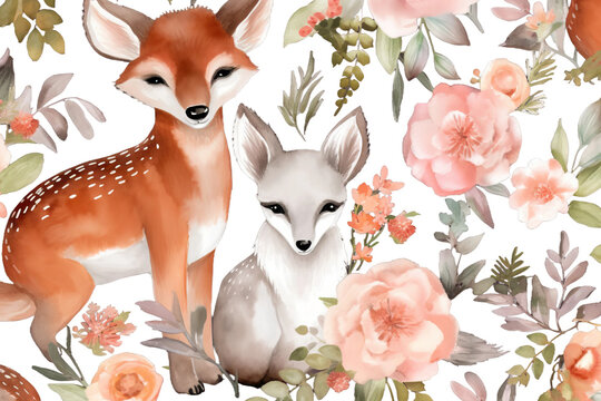 woodland tileable floral pattern seamless Beautiful fox animals watercolor deer bunny