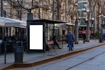 Bus and tram stop in Milan.