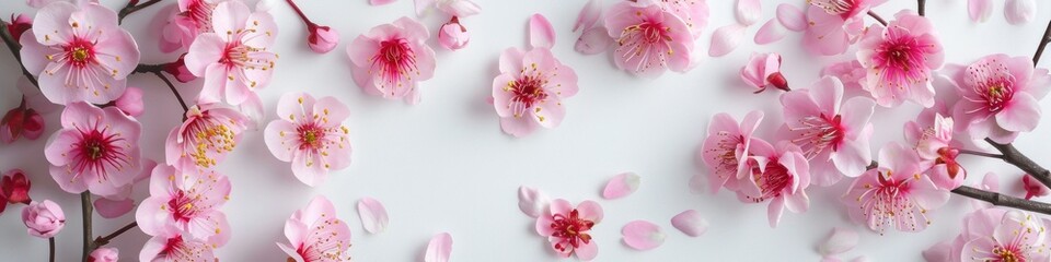 Banner with pink sakura flowers on white background. Top view, flat lay. Mother's Day, Woman's Day, Easter, Valentine's Day, Wedding, and Birthday celebration.