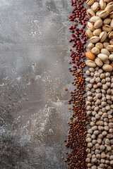 Top view of nuts and beans with copy space for text. Food background. Generative AI. - 758144527