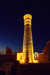 illuminated Kalyan minaret at night in Bukhara