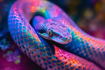 Fototapeta premium Colorful fantasy multicolored snake close up, snake curled up