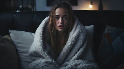 A girl sits wrapped in a blanket in a dark room - obrazy, fototapety, plakaty