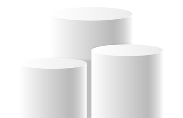 3 white podiums with layer and close up on transparent background