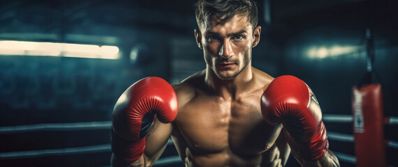A boxer in a fighting stance in the ring. The moment before the start of the fight, full of concentration and inner strength. The concept of a sports banner