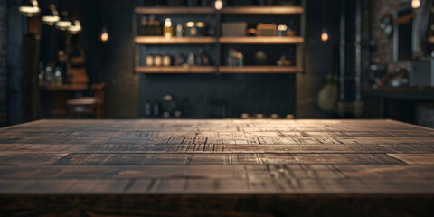  empty wood table top with blurred   shelves full of bottles in the bar background,  for product display montage. Concept for advertising design, layout presentation.banner