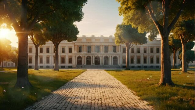 the large white two-story school facade in the Roman Empire style, with a garden full of trees in front and the setting sun, Seamless looping 4k video animation.