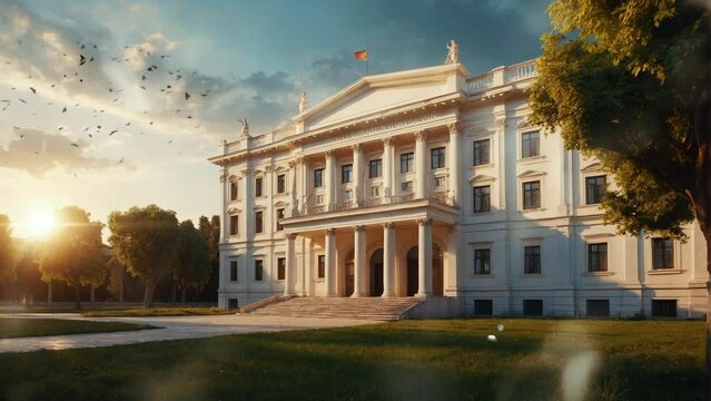 the large white two-story school facade in the Roman Empire style, with a garden full of trees in front and the setting sun, Seamless looping 4k video animation.