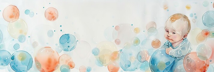 Watercolor illustration of a child baby in soothing pastel colors, banner