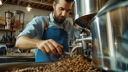 a small business owner operates his coffee roastery shop with precision and passion, dressed in a blue apron and ensuring top-quality beans with every batch.