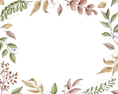 Rectangular frame with autumn varied leaves and plants isolated on white background. Watercolor hand drawn illustration