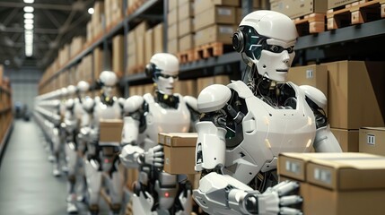 Obraz premium Packing and moving robots working in logistics warehouses.