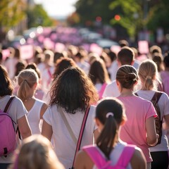 A spirited group of women marches together, clad in pink, raising awareness for breast cancer, a powerful display of support and hope. - obrazy, fototapety, plakaty