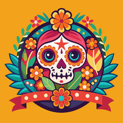 Vibrant spirit of Dia de los Muertos Design a colorful badge that pays homage to the rich traditions and joyful