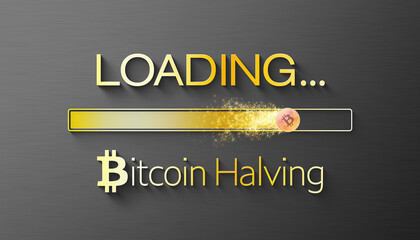 Illustration of a loading bar for Bitcoin halving - BTC crypto coin cracked in two. Reward for Bitcoin cryptocurrency mining is cut in half in 2024 concept. - obrazy, fototapety, plakaty