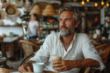 A respectable man in a summer white linen shirt drinks coffee in a coffee shop. and looks away. long shot. - obrazy, fototapety, plakaty