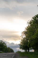 Sunlight filters through the leaves of roadside trees as clouds gather, promising a tranquil dusk in a rural setting.