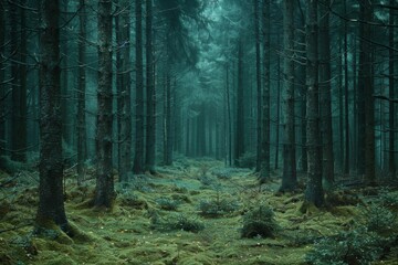 A terrifying forest edge in dark green shades.