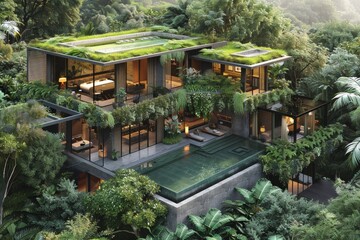 Obraz premium Concept of a modern Balinese glass villa with a swimming pool. View from a distance from above.