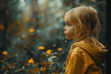 Girl watching through foliage in moody light