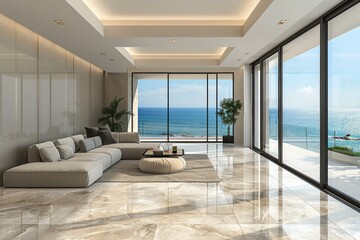 Minimalist beige interior with large panoramic windows and beige marble floors and gray ceiling.