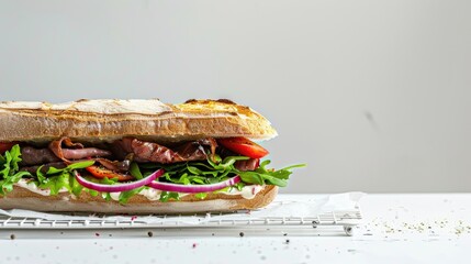 a sandwich with lard sprinkled with spices, beautifully arranged on a white rack against a light background, offering ample space for text.