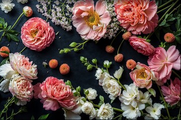 A flat lay photograph featuring pink and white peonies, ranunculus, chrysanthemums, with some leaves scattered around the flowers. The botanical backdrop has vibrant colors against a black background. - 758146789