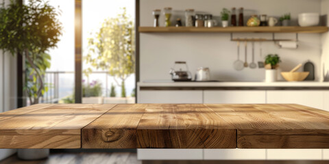 Obraz na płótnie Canvas Empty wood table top counter and blur bokeh modern kitchen interior background in clean and bright,Banner, Ready for product montage, 