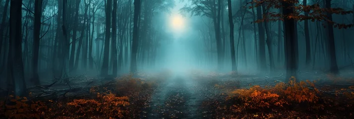 Raamstickers The edge of an eerily dark forest with creeping fog. © artdolgov